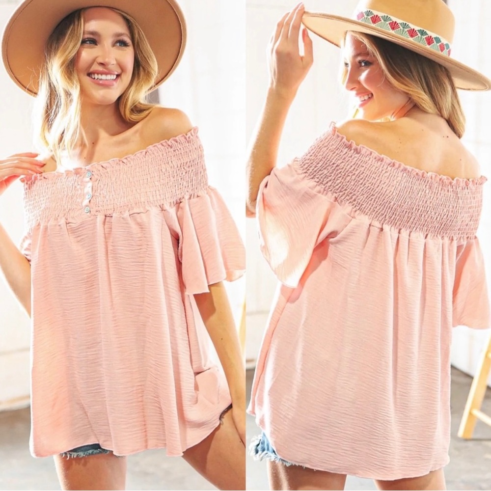 New Peach Flutter Sleeved Crinkle Textured Blouse With Ruching Chest.